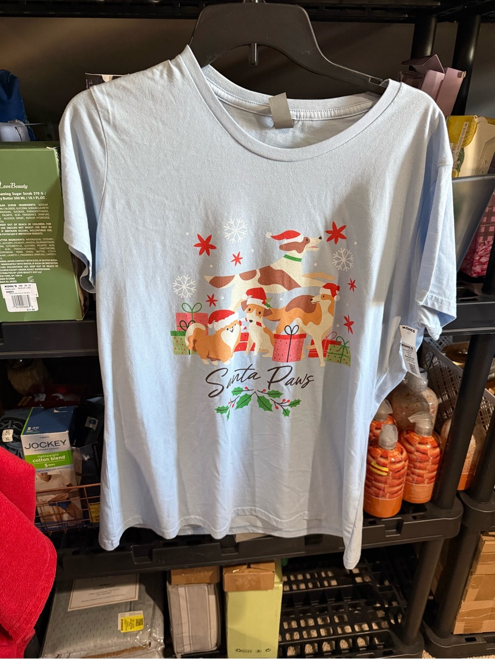 Santa Paws Light Blue Graphic Tee. Size XL